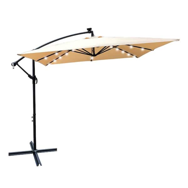 MEOOEM 8.2 ft. Solar LED Offset Cantilever Market Patio Umbrella, Solar Powered Sun Shade with Easy Tilt Adjustment, in Beige