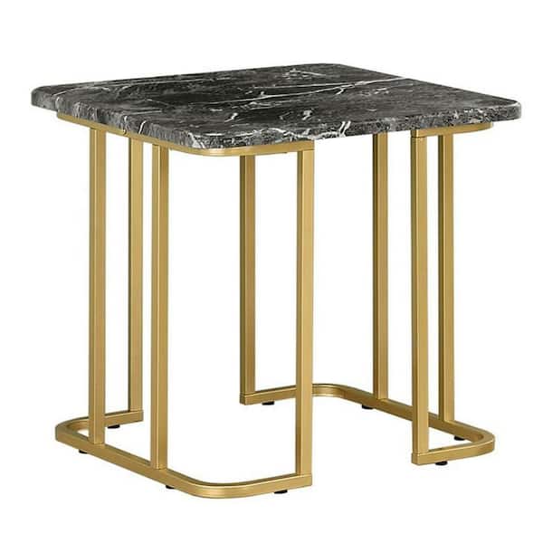 Benjara 23.62 in. Gold and Black Square Faux Marble End Table with Geometric Steel Base