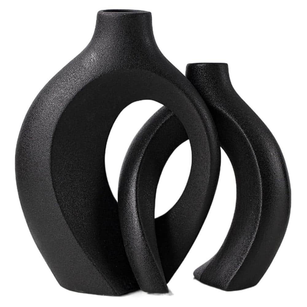 Black Ceramic Donut Shaped Decorative Vase Set of 2