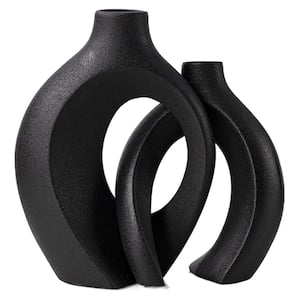 Hollow Ceramic Vase Set of 2, Snuggle Round Boho Donut Nordic Minimalist Decorative Vase for Centerpiece Decor, Black