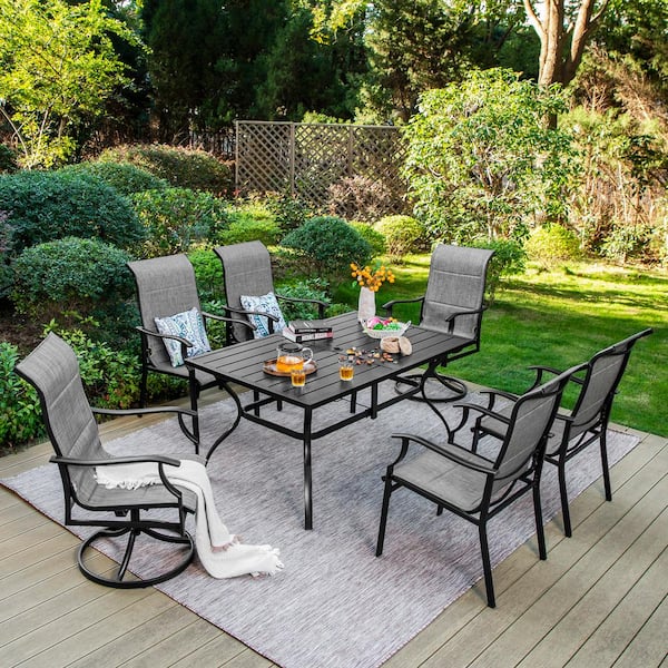PHI VILLA 7-Piece Metal Outdoor Dining Set with Padded Swivel Texitilene Chair