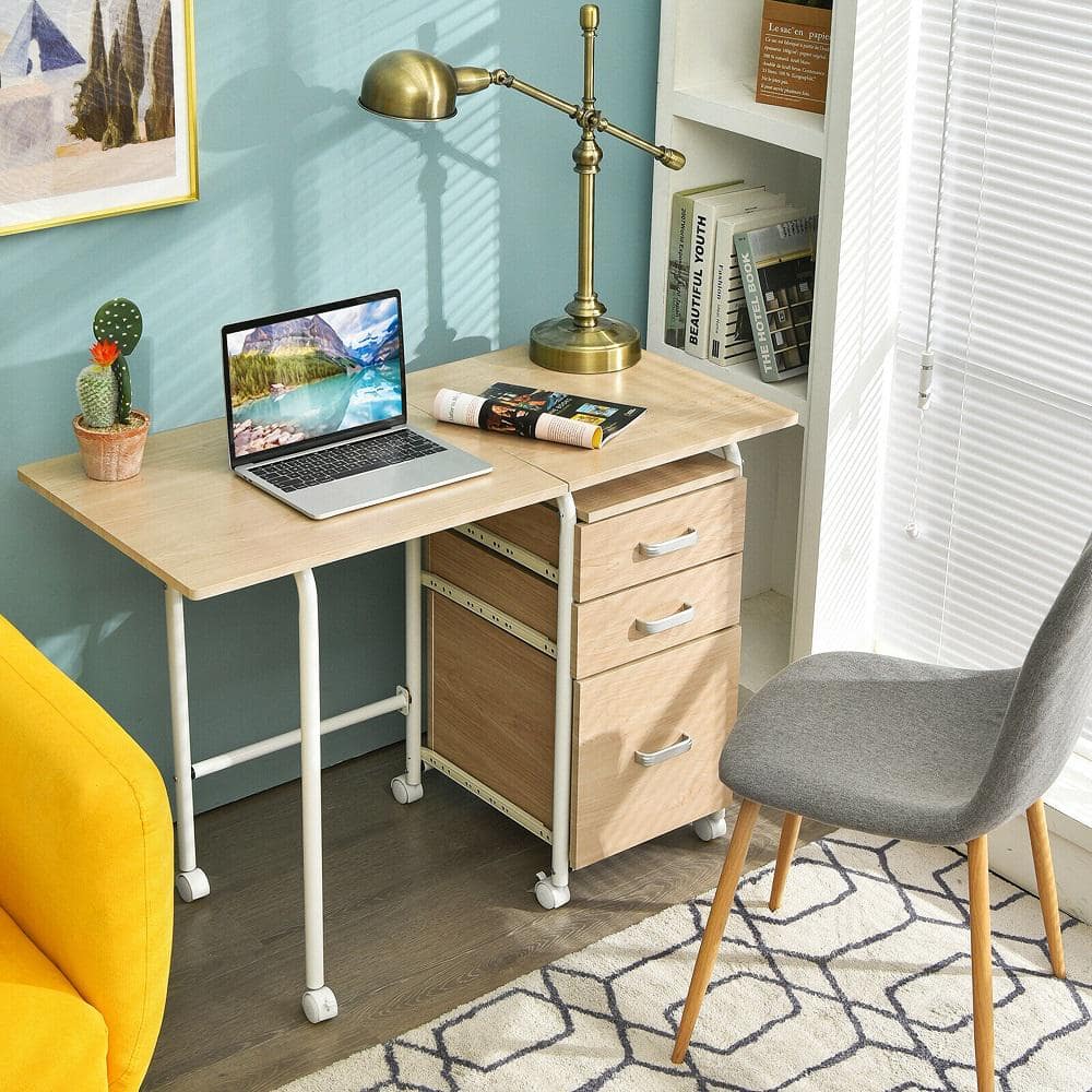 Oak Foldable Computer Desk with Drawers and Wheels
