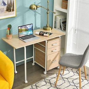 41.5 in. W Oak Folding Computer Laptop Desk Wheeled Home Office Furniture with 3-Drawers
