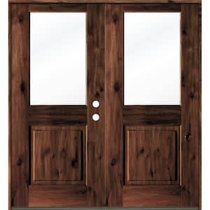 64 in. x 80 in. Rustic Knotty Alder Wood Clear Half-Lite red mahogony Stain Left Active Double Prehung Front Door