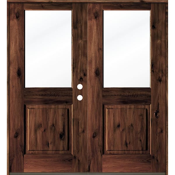Krosswood Doors 64 in. x 80 in. Rustic Knotty Alder Wood Clear Half-Lite red mahogony Stain Left Active Double Prehung Front Door