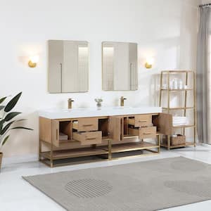 Bianco 84 in. W x 22 in. D x 34 in. H Double Sink Bath Vanity in Light Brown with White Composite Stone Top and Mirror