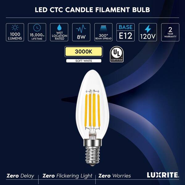 LUXRITE 75W Equivalent LED Candelabra B11 Bulb, 8W, 1000LM, 3000K