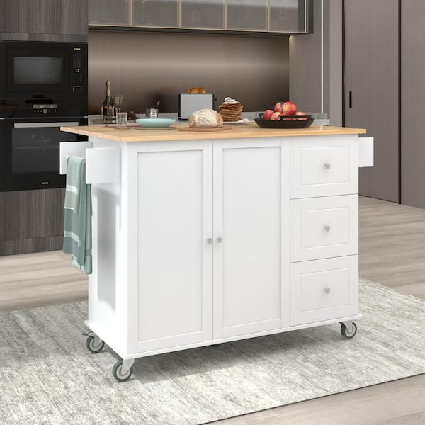 Oasis White Wood 52.76 in. Kitchen Island with Solid Wood Top and Locking Wheels, Storage Cabinet
