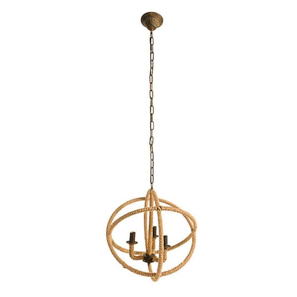 60-Watt 3-Light Beige Brown Farmhouse Chandelier Rope Chandelier Globe Light Fixture for Dining Living Room No Blub E12