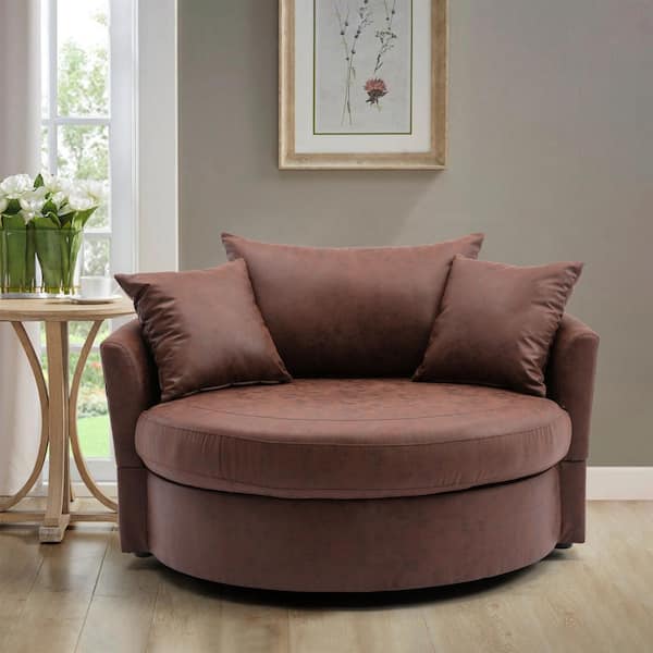 HOMEFUN Brown Swivel Upholstered Barrel Living Room Chair With 3-pillows