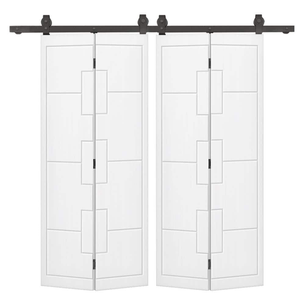 48 in. x 80 in. White Painted MDF Composite Modern Bi-Fold Hollow Core Double Barn Door with Sliding Hardware Kit -  CALHOME, 329838649