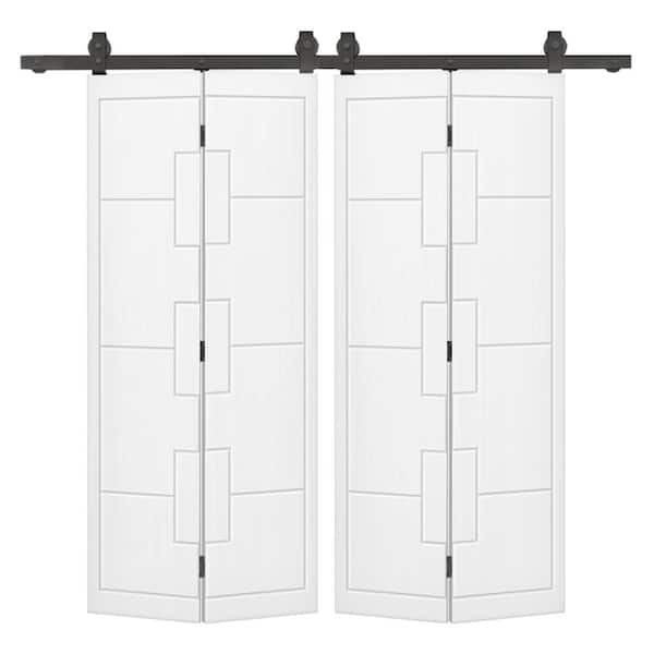 CALHOME 56 in. x 84 in. White Painted MDF Composite Modern Bi-Fold Hollow Core Double Barn Door with Sliding Hardware Kit