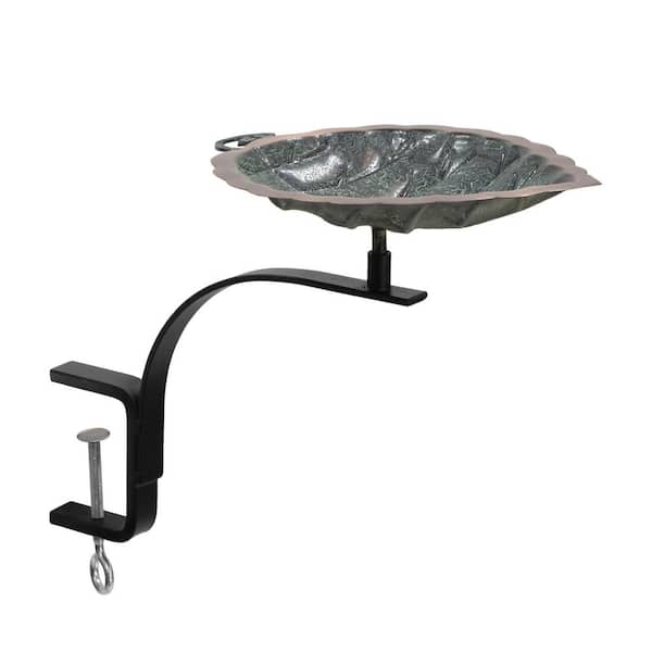 Aspen Leaf Birdbath w/Rail Mount Bracket, 12 in. Tall, Antique Brass Plated, Gray