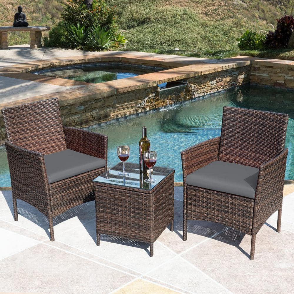3-Piece Wicker Patio Conversation Set with Gray Cushion and Glass Coffee Ta