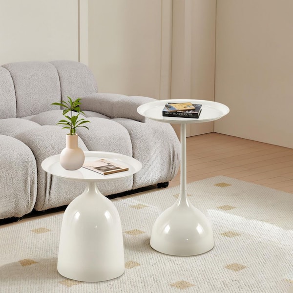 Unbranded Round 15.75 in. White Metal Nesting End Table Set of 2, Wine Glass Shaped Modern Accent Coffee Table Small Side Table