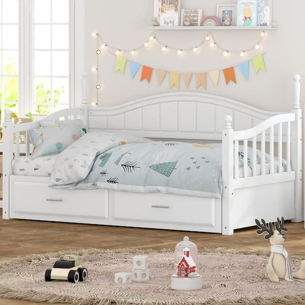 Hamlin White Wood Frame Twin Size Daybed with Trundle, 2 Storage Drawers
