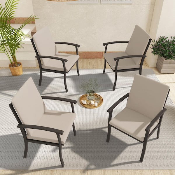 AluLux Dark Brown Aluminum Patio Dining Chairs with Sandspit Brown Cushions (4-Pack)