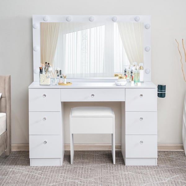 HOMESTOCK 7-Drawers White Makeup Vanity Sets Dressing Table Sets with Stool, Mirror, Light and Storage Space