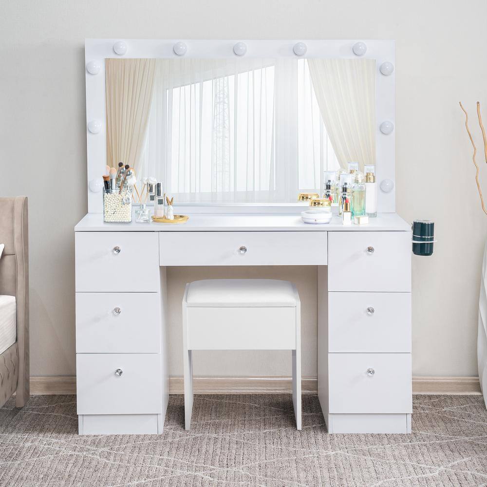 White 4-Drawer Makeup Vanity Set with LED Mirror, Stool, and 4-Shelf Storage Organizer - thumbnail 9