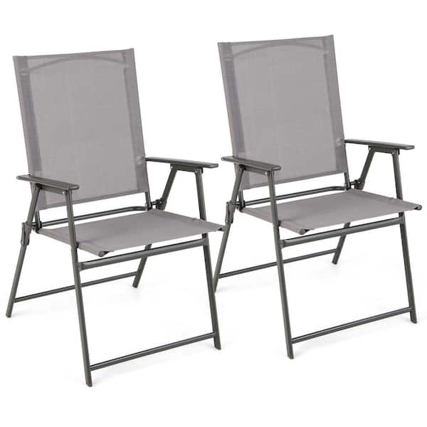 Costway 2-Piece Grey Folding Portable Outdoor Dining Chairs Metal Frame Armrests Outdoor