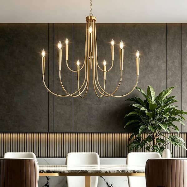 41.3 in. Classic 9-Light Plating Brass 2-Tier Candlestick Island Chandelier with Curvy Arms for Kitchens Dining Rooms