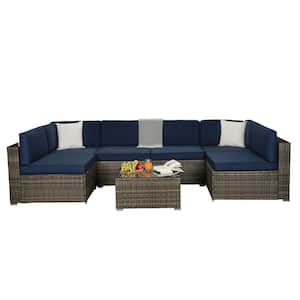 Dark Gray 7-Piece PE Rattan Wicker Outdoor Sectional Set Patio Sofa with Table, Pillows and Navy Cushions