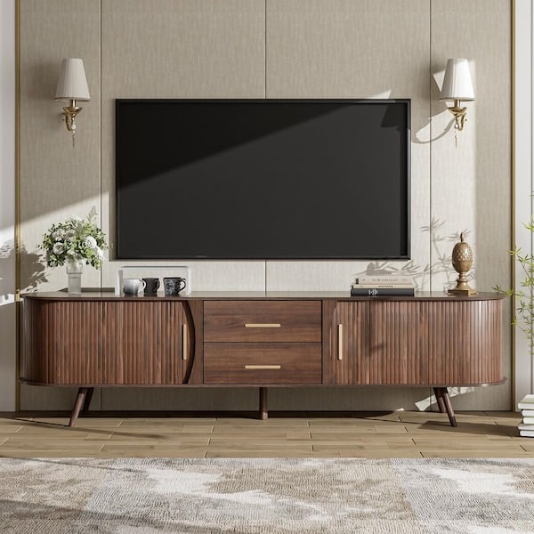 Mid-Century Dark Brown TV Stand Fits TV's up to 80 in. TV with 2 Drawers, Sliding Door Cabinets