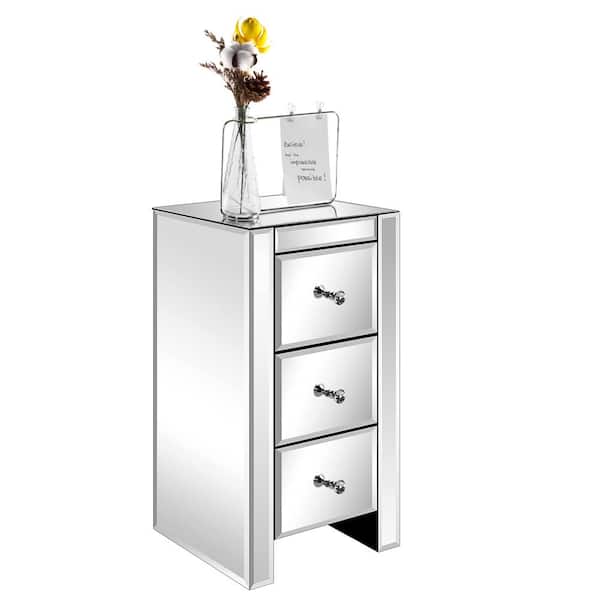 Karl home 3-Drawer Silver Mirrored Glass Nightstand 23.6 in. H x 11.8 in. W x 11.8 in. D