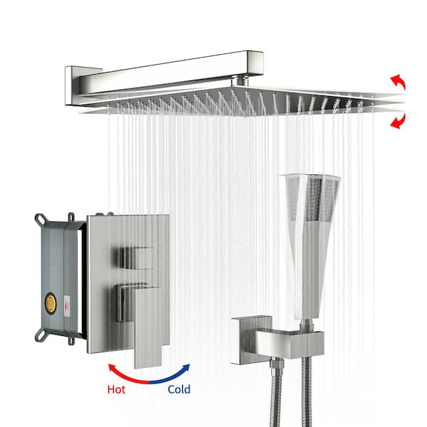 Dual Handle 2-Spray Shower Faucet 12 Inch.Square Shower System with Rough-in Valve in Brushed Nickel