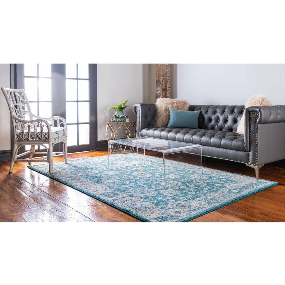 Turquoise Floral Synthetic Easy Care Rectangular Area Rug