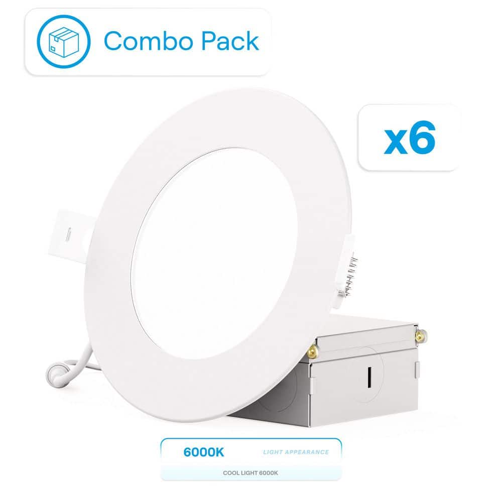 4 in. Canless 6000K Clear White 9W 750 Lumens Thin New Construction Integrated LED Recessed Light Kit Wet Rated (6-Pack) price history on PriceWatchPro