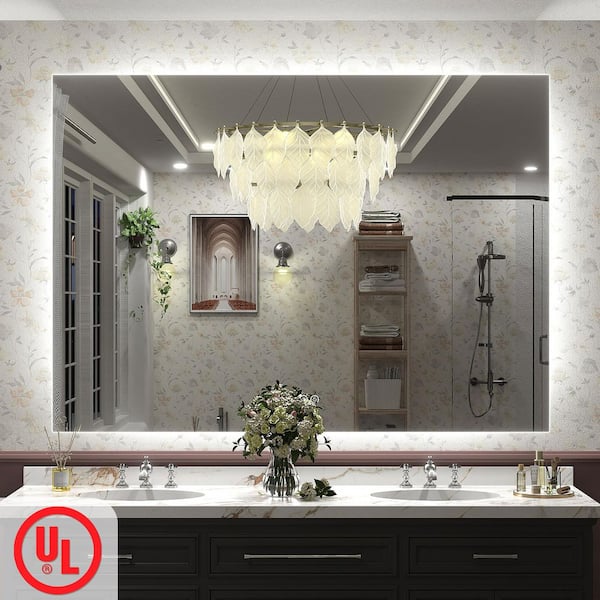 55 in. W x 40 in. H Rectangular Frameless UL Certified LED Backlited Anti-Fog Tempered Glass Wall Bathroom Vanity Mirror