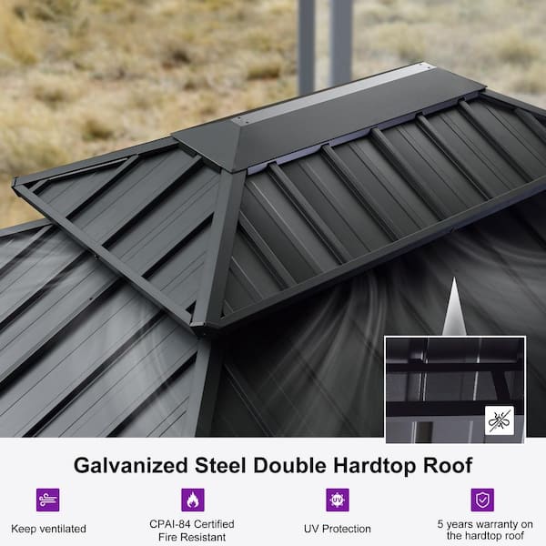 10 ft. x 14 ft. Gray Aluminum Power-Coated Frame Galvanized Steel Double Roof Hardtop Gazebo,Hooks, Netting,Gray Curtain