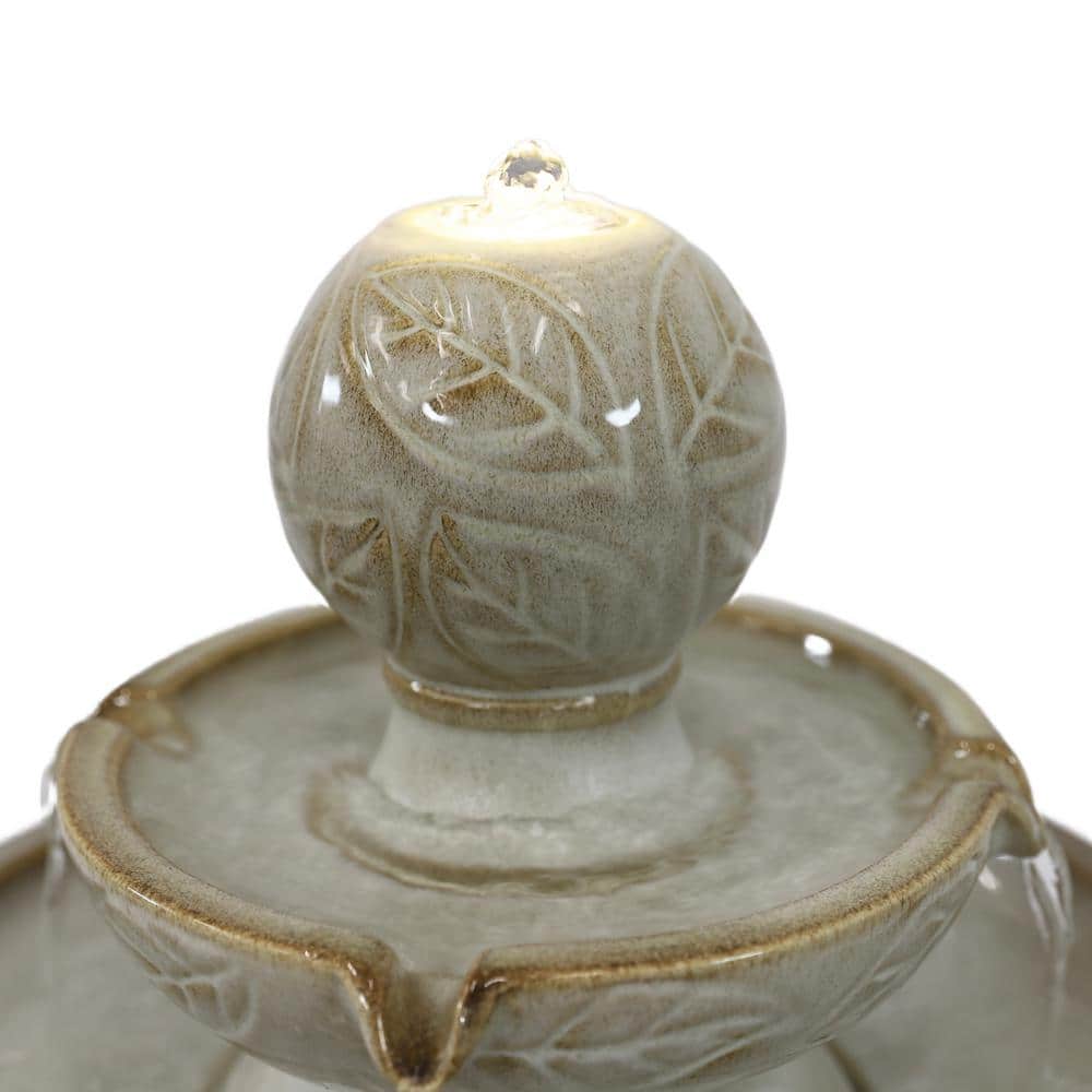 Off-White Ceramic 2-Tier Outdoor Fountain with LED Lights
