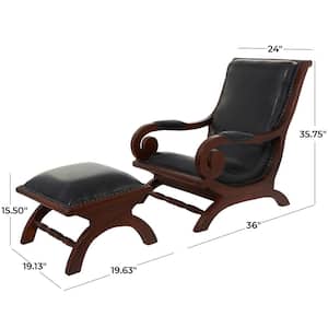 Black Upholstered Leather Teak Wood Accent Chair with Ottoman with Scrollwork Arms and High Back