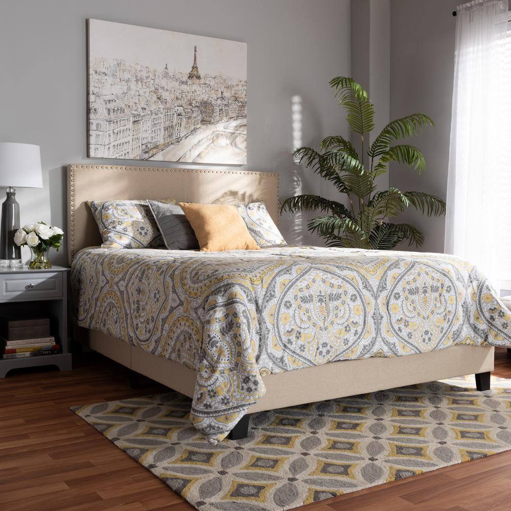 Ramon Full/Double Beige Linen Wood Frame Bed with Nailhead Trim