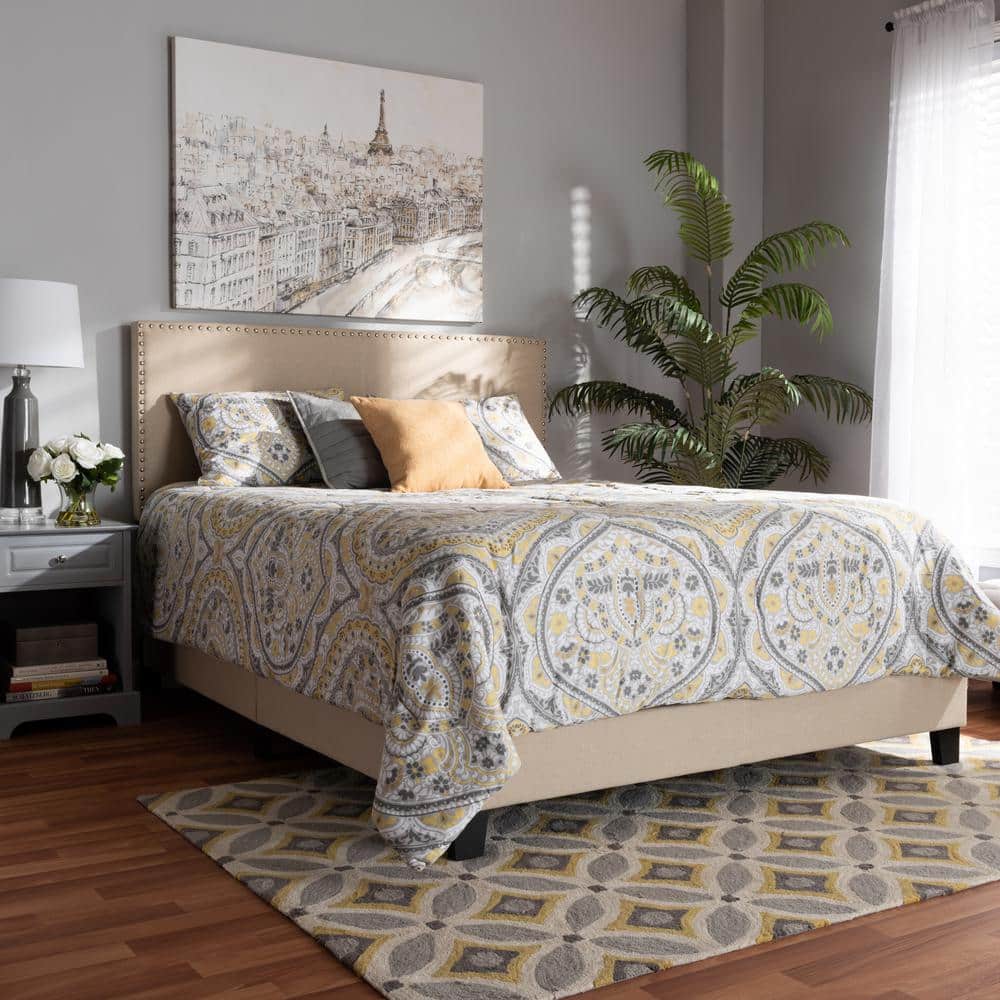 Ramon Full/Double Beige Linen Wood Frame Bed with Nailhead Trim