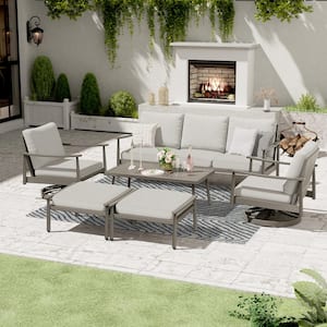 6-Piece Aluminum Patio Conversation Set with 2 Swivel Chairs, 2 Ottomans, Coffee Table and Gray Cushions