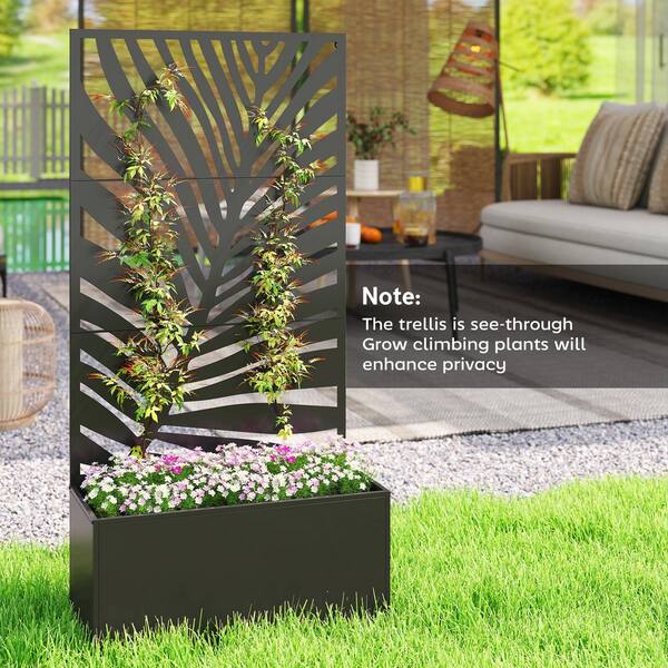 Outsunny 71 in. Black Metal Planter Box with Trellis Privacy