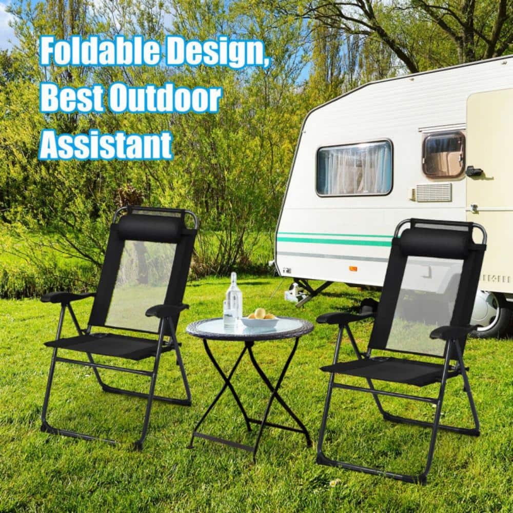Black Adjustable Reclining Folding Patio Chairs with Headrests, Set of 4