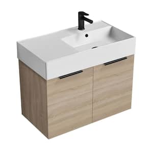 Derin 31.9 in. W x 17.3 in. D x 25.2 in. H Modern Bathroom Vanity in Brown Oak With White Ceramic Top