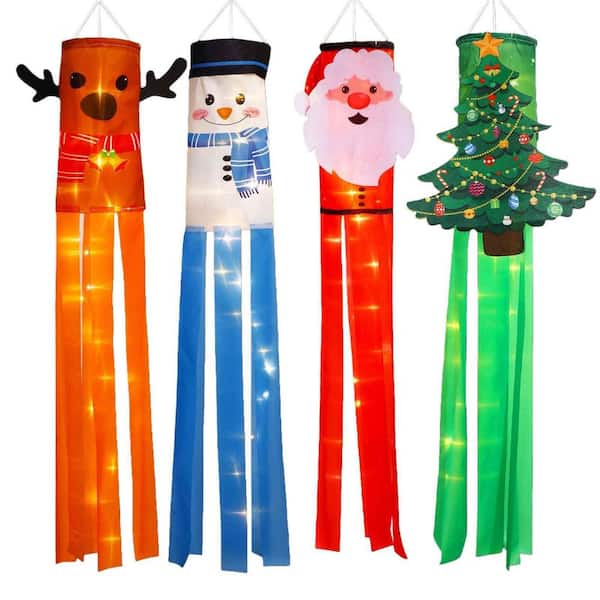4-Piece 39 in. Hanging Christmas Windsock LED Flags with Snowman Santa Claus Elk Christmas Tree for Yard Patio Lawn