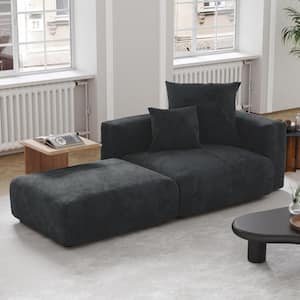75 in. Square Arm 2-Piece Corduroy Polyester Square Accent Small Modern Sectional Sofa with Ottoman in Black