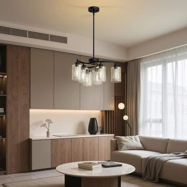 6-Light Black Chandeliers with Clear Shade Adjustable Hanging Industrial Pendant Lighting for Kitchen Island