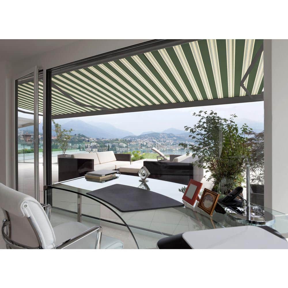 Forest Green and Beige Striped Motorized Retractable Patio Awning
