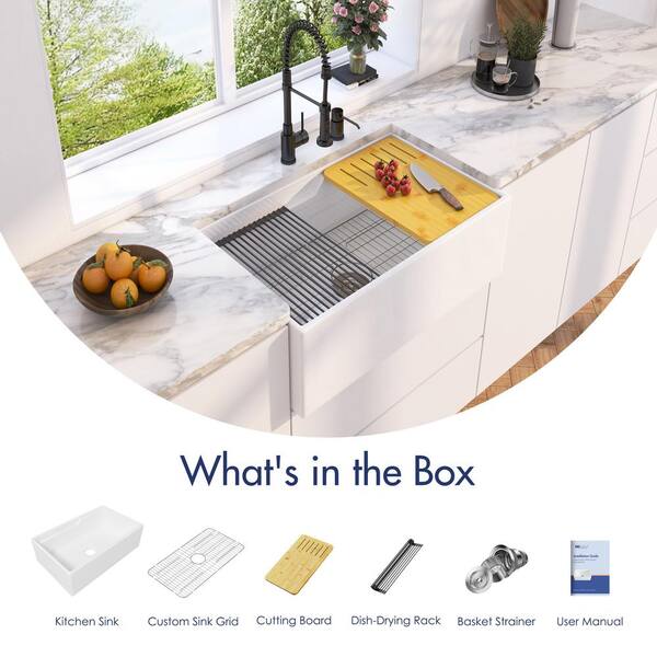 Yorkshire Farmhouse Fireclay 33 in. Single Bowl Kitchen Sink with Cutting-Board, Grid and Strainer in White Yorkshire Farmhouse Fireclay 33 in. Single Bowl Kitchen Sink with Cutting-Board, Grid and Strainer in White