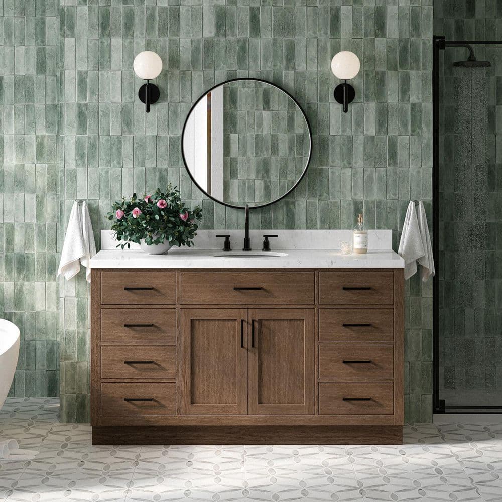 Hepburn 60.25 in. Single Sink Freestanding in Brown Oak Bath Vanity with Carrara White Quartz Top price history on PriceWatchPro