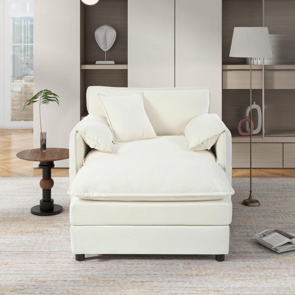 Cary 2-Piece Beige Upholstered Chenille Oversized Arm Chair and Ottoman Set with Pillows, Storage Pockets