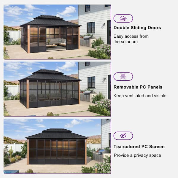 12ft. x 18ft. Sunroom Patio Hardtop Gazebo Solarium Wood Grain Column Galvanized Steel Double Roof Aluminum Screen House