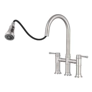 Double Handle Pull Down Bridge Kitchen Faucet with Swivel Spout in Brushed Nickel